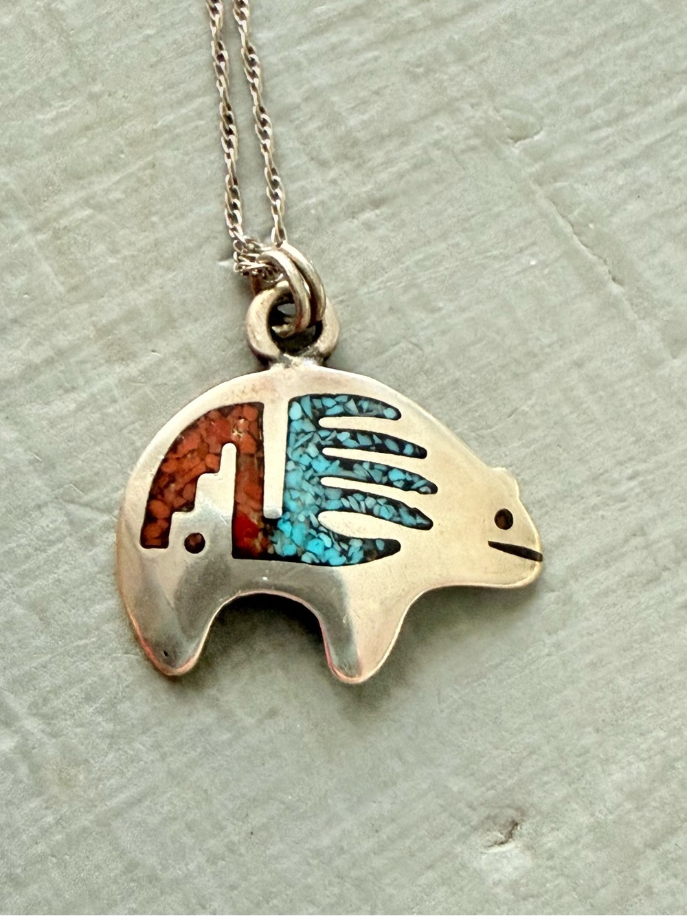 Southwestern stone Inlay Bear Pendant Necklace